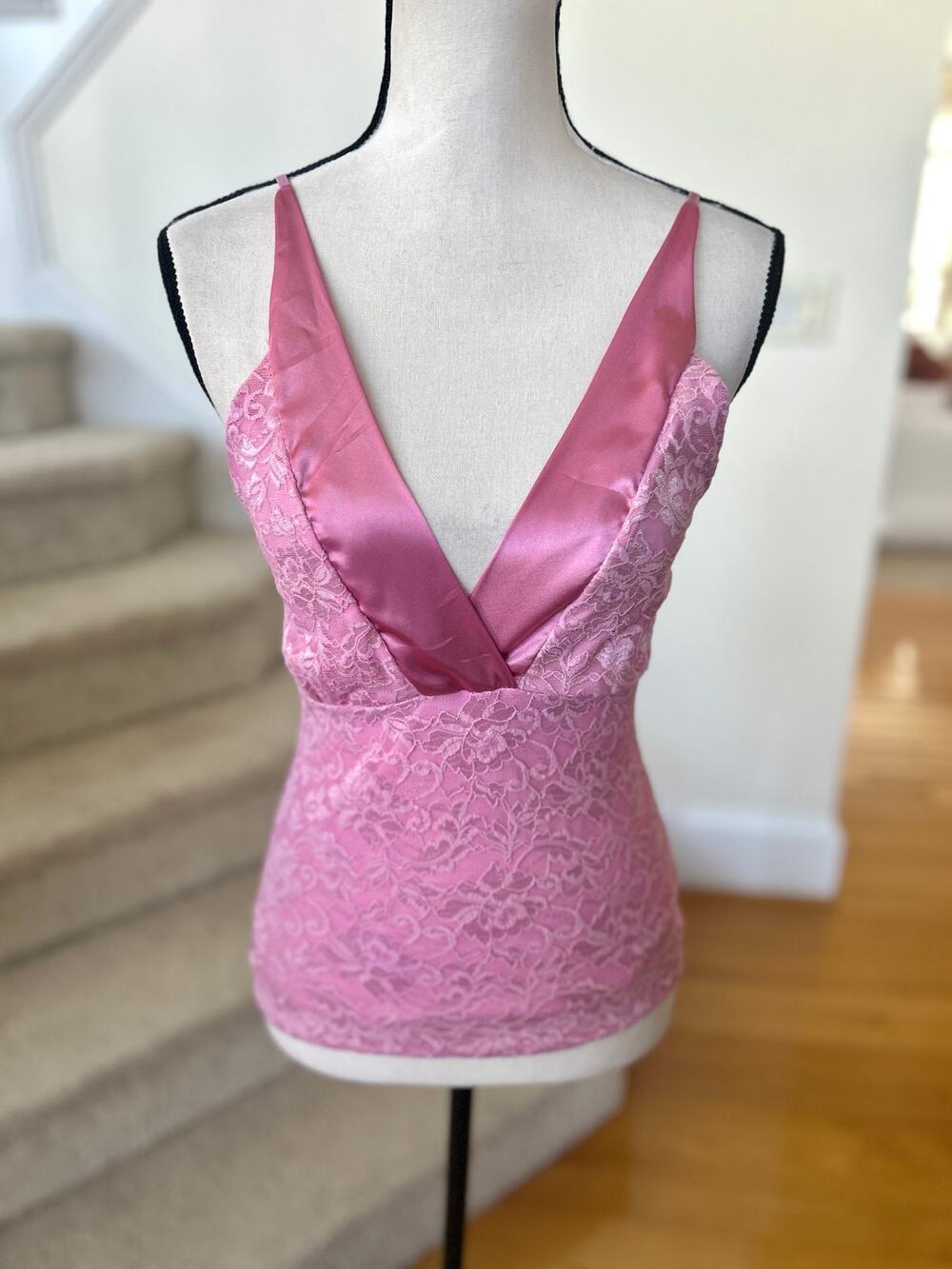 Vintage Y2K Pink Satin Lace Plunge V-Neck Cami Tank Top Whimsygoth Coquette
